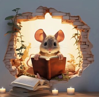 Muursticker kinderkamer muis met boek en plantje